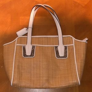 Tan and White Weaved Coach Tote
